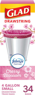 Glad OdorShield Small Drawstring Trash Bags, Febreze Cherry Blossom, 4 Gallon