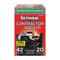 Large Black Heavy Duty Industrial Garbage Trash Bags - Ultrasac Contractor Bags 42 Gallon (20 PACK/w FLAP TIES), 32.75 x 44.5-3 MIL Thick Bags for Professional Construction and Commercial use